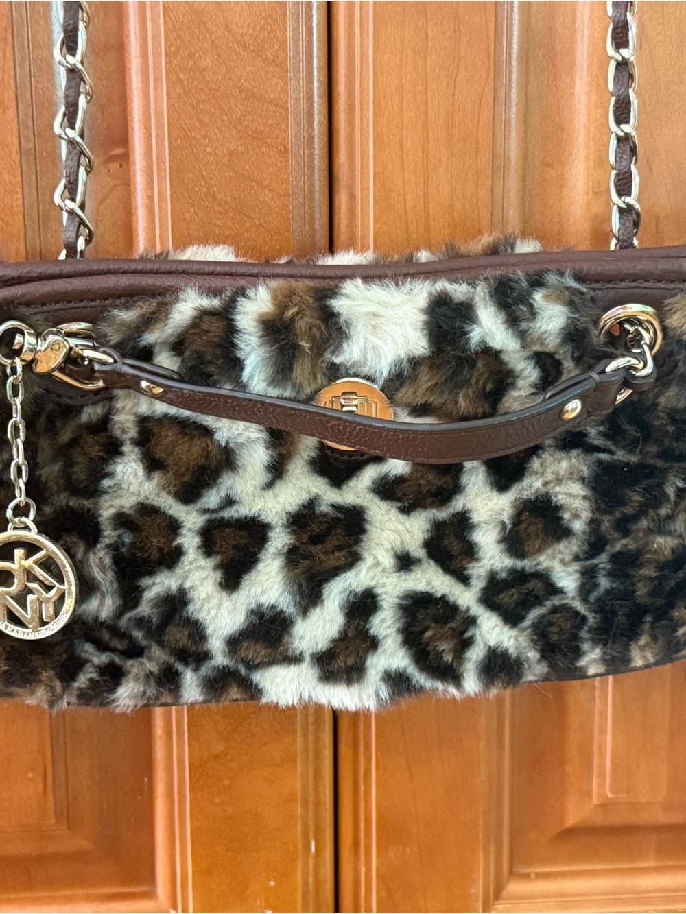 DKNY Leopard Print Faux Fur Shoulder Bag Chain Strap Convertible Clutch Charm